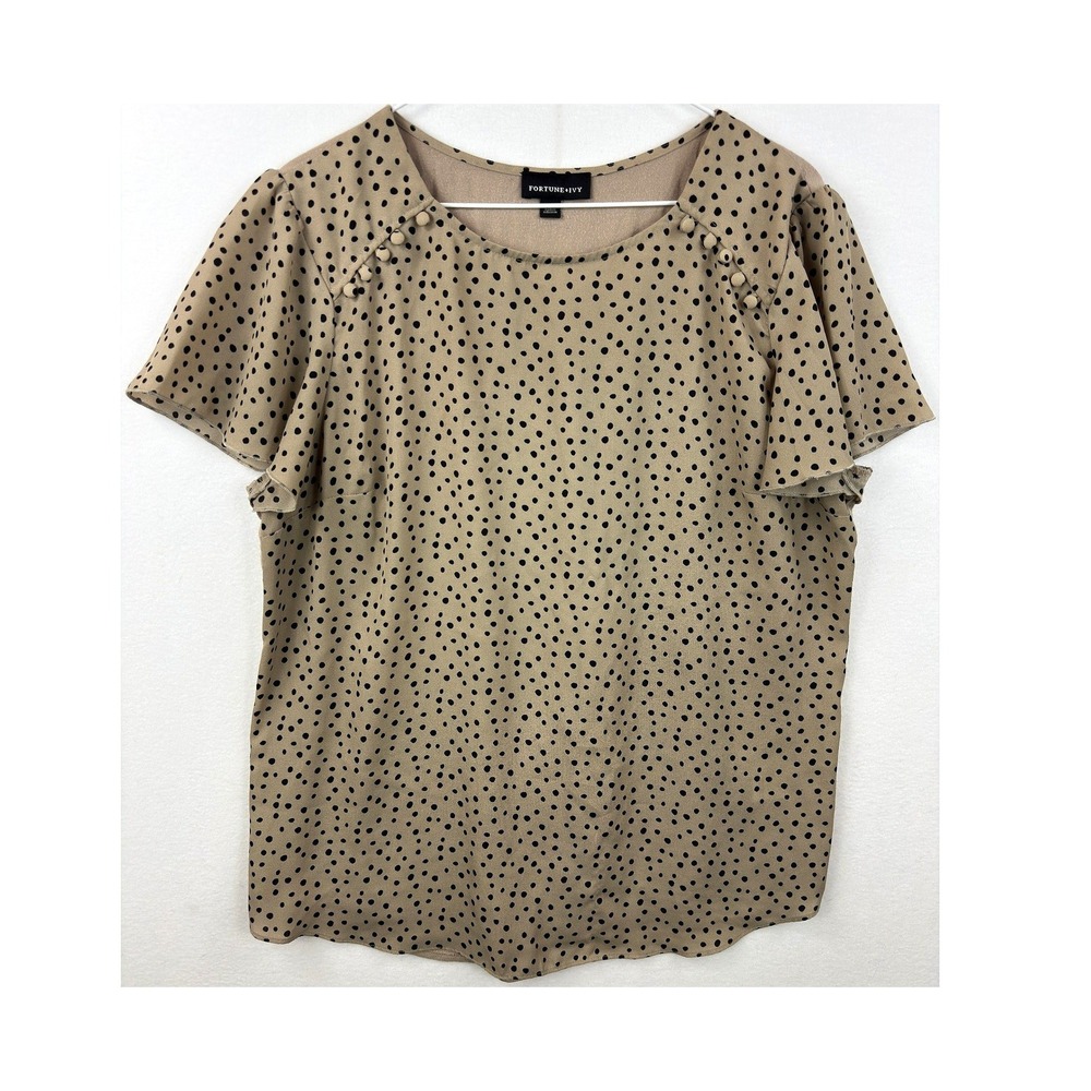 Fortune + Ivy Blouse‎ Womens XL Tan Black Polka Dot Flutter Sleeve Mixed Media
